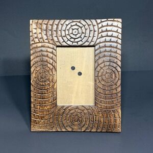 Hand Carved Wood Picture Frame 4x6 Geometric Tribal Sunburst Pattern Brown
